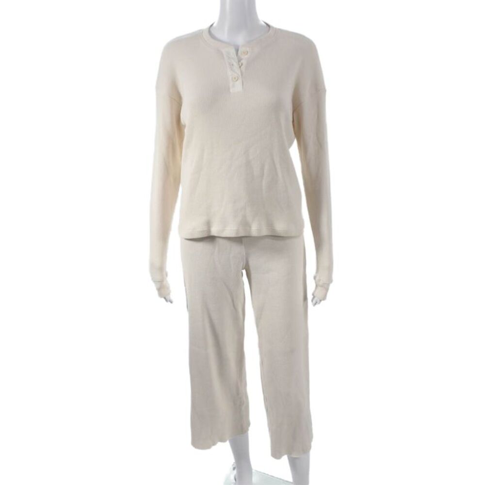 Leallo Women Beige Cotton Capri Lounge Set Henley Button Long Sleeve Size XS